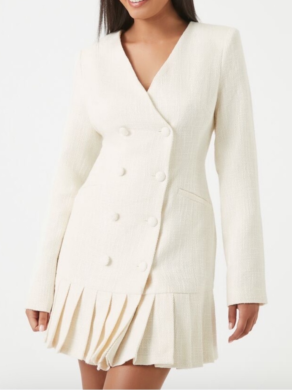Cream Double-Breasted Pleated Tweed Dress